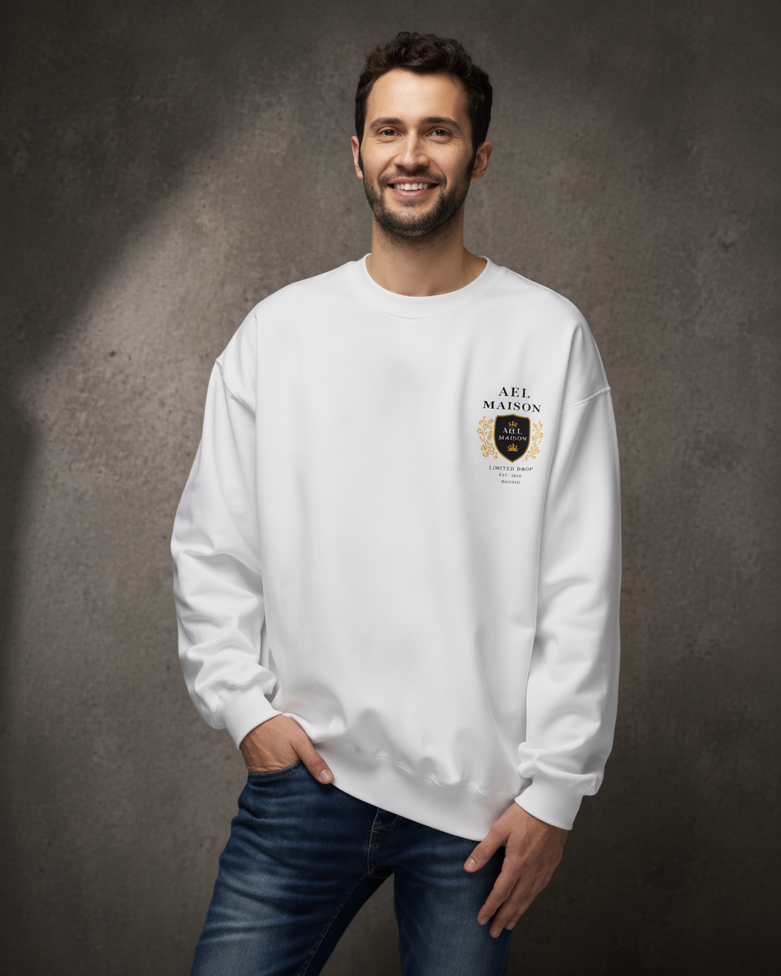 AEL Maison Crest — Crewneck Unisex Minimalista (Edición Limitada) Blanco